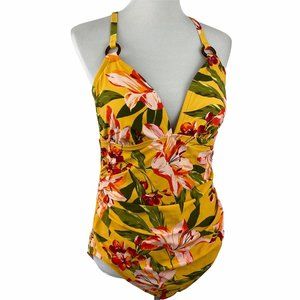 Kona Sol Yellow Floral Ring One Piece Swimsuit XL